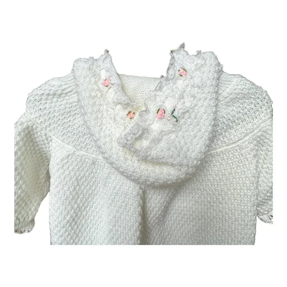 All‎ Mine Baby Gown Sweater Hooded Embroidery White Pink Flowers Size 12M VTG
